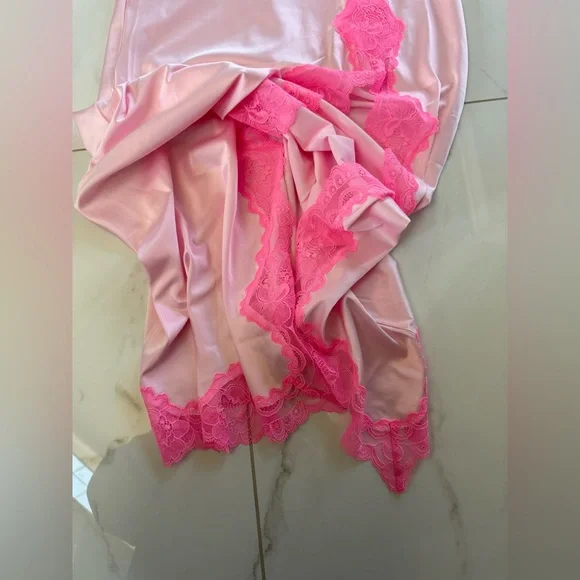 Skims Woven Shine Pink Lace Trim Satin maxi dress